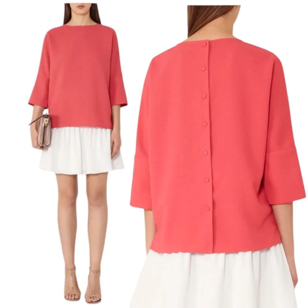 REISS Bells Lotus Coral Orange Button Back Blouse Top Size 6 Boxy 3/4 Sleeve